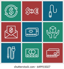 Transfer icons set. set of 9 transfer outline icons such as credit card, handle with care, wire, envelope with dollar bill