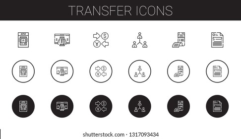 transfer icons set. Collection of transfer with atm, payment method, currency, network, bill, file. Editable and scalable transfer icons.