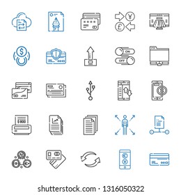transfer icons set. Collection of transfer with credit card, exchange, debit card, file, network, files, bill, online payment, data transfer. Editable and scalable transfer icons.