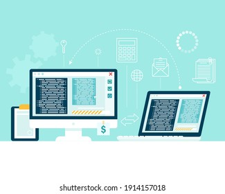 Transfer information from one computer device to another. File Transfer, data exchange. Vector illustration in flat style