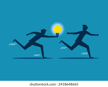 Transfer knowledge. Businessman passes light bulb to running colleague 