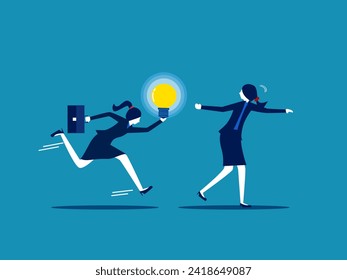Transfer knowledge. Businesswoman passes light bulb to running colleague 