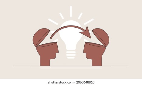 Transfer of knowledge and experience, skill replacement. Two open abstract heads with arrow and light bulb. Vector illustration, EPS 10