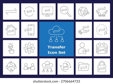 Iconos de línea de transferencia: datos, archivo, intercambio de dinero, comunicación, copia de seguridad, red en la nube, transacción. Conjunto de arte lineal para Web e interfaces móviles.