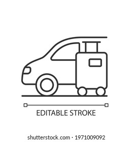 Transfer linear icon. Transfer refers to customer get from airport or arrival point to your hotel. Thin line customizable illustration. Contour symbol. Vector isolated outline drawing. Editable stroke