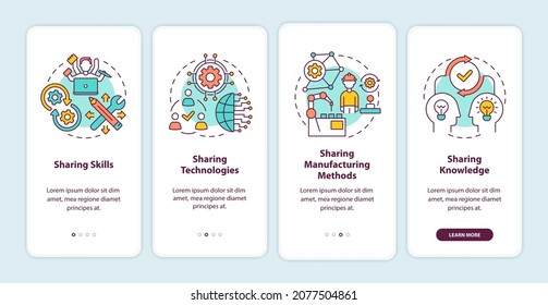 Transfer methods onboarding mobile app page screen. Sharing skills and technologies walkthrough 4 steps graphic instructions with concepts. UI, UX, GUI vector template with linear color illustrations