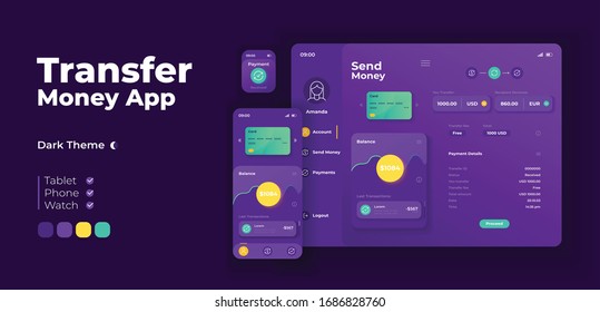 Transfer money app screen vector adaptive design template. Online wallet, internet bank application night mode interface with flat character. Account info smartphone, tablet, smart watch cartoon UI