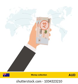 Transfer money around the world.  Australian dollar banknote. Transferring Money  concept vector illustration