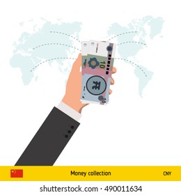 Transfer money around the world. Chinese Yuan banknote. Transferring Money  concept vector illustration