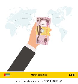 Transfer money around the world. Dirham banknote. Transferring Money  concept vector illustration