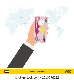 Transfer money around the world. Dirham banknote. Transferring Money  concept vector illustration