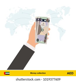 Transfer money around the world. Dirham banknote. Transferring Money  concept vector illustration