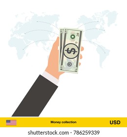Transfer money around the world. Dollar banknote. Transferring Money  concept vector illustration