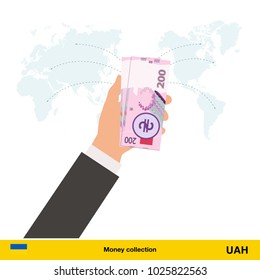 Transfer money around the world.  hryvnia banknote. Transferring Money  concept vector illustration