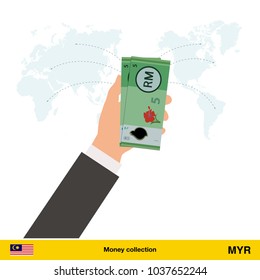 Transfer money around the world. Ringgit banknote. Transferring Money  concept vector illustration