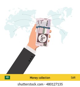 Transfer money around the world. Saudi Arabian Riyal banknote. Transferring Money  concept vector illustration