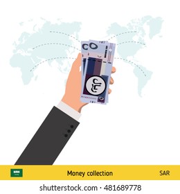 Transfer money around the world. Saudi Arabian Riyal banknote. Transferring Money  concept vector illustration