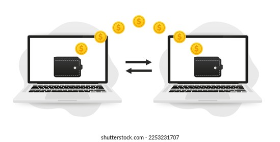 Transfer money between laptop devices. Concept of online payments. Transaction concept. Transferred gold coins. Money online, money transfer, digital wallet, payment app concepts. Vector illustration