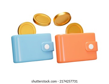 The transfer of money between purses 3d icon. Coins flying from purse to another. Isolated object on a transparent background