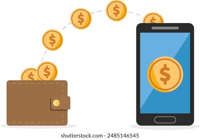 Transfer money between wallet and smartphone from online payment, financial transactions, earning money, financial savings professionally on white background