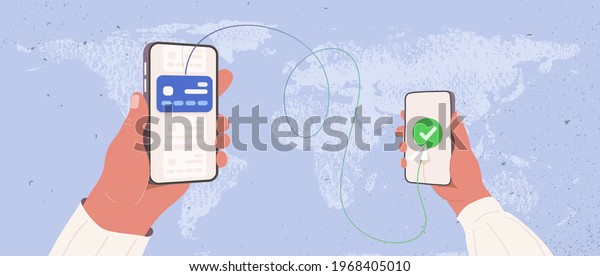 Transfer money by\
online internet banking all around the world flat vector\
illustration. Hands holding phones and sending and getting money by\
credit card on world map\
background