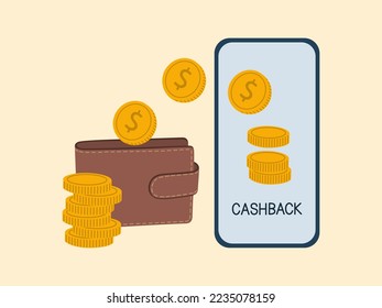 Transfer money concept. Online mobile payment transaction, cash back, digital wallet. Hand drawn vector illustration isolated on light background, flat cartoon style.