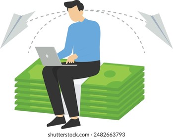 Concepto de transferencia de dinero, enviar o recibir pagos, solución de seguimiento financiero, Cuenta de ahorros bancarios, préstamo rápido, personaje masculino haciendo transacción de dinero, Ilustración vectorial plana