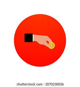 Transfer Of Money, Donations Icon In Colored Circle. Coin Cent In Hand. Fall Out. Cash Back Logotype. Donate Or Save Concept. Flat Isolated Symbol For: Logo, App, Design, Web, Ui, Ux. Vector EPS 10