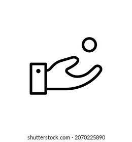 Transfer Of Money, Donations Line Icon In Black. Coin Fall Into The Hand. Cash Back Logotype. Donate Or Save Concept. Flat Isolated Symbol For: Logo, App, Emblem, Design, Web, Ui, Ux. Vector EPS 10