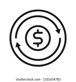 Transfer money icon, coin with arrow showing currency exchange. Stroke outline style. Vector. Isolate on white background.