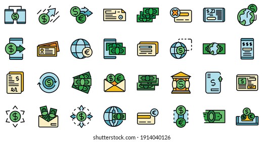 Transfer money icons set. Outline set of transfer money vector icons thin line color flat on white