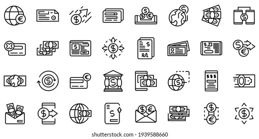 Transfer money icons set. Outline set of transfer money vector icons for web design isolated on white background