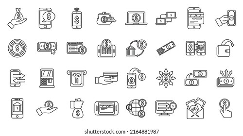 Transfer money icons set outline vector. Credit card. Money bank