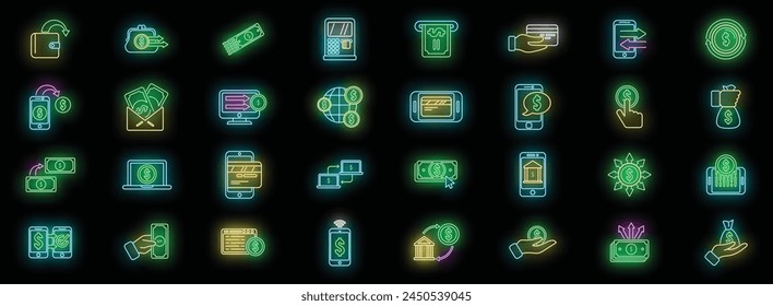 Transfer money icons set outline vector. Credit card. Money bank neon color on black