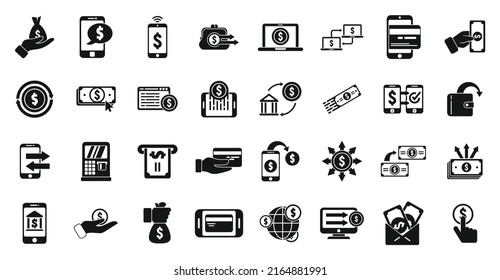 Transfer money icons set simple vector. Credit card. Money bank