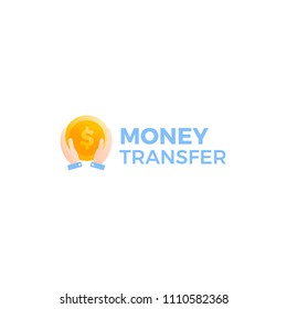 Transfer money logo. Gold dollar coin with hands businessman. Vector gradient cartoon illustration