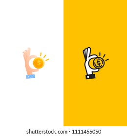 Transfer money logo. Gold dollar coin with hands businessman. Vector line art and cartoon illustration