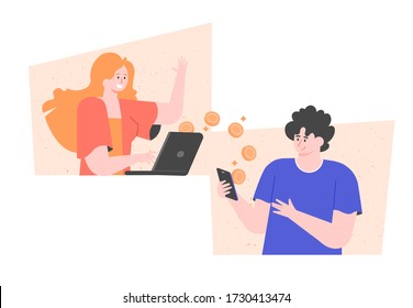 Transfer money online. A girl transfers payment from a laptop to a guy’s smartphone. Vector flat illustration.