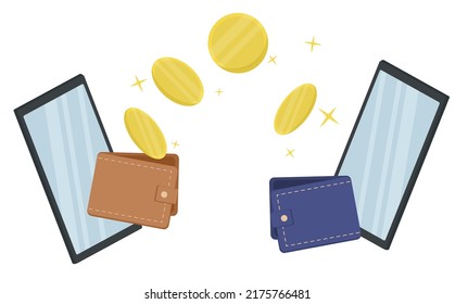 Transfiera dinero del teléfono al teléfono. Vector de estilo plano