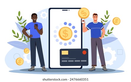 Transfer money at smartphone. Men with gold coins stand near smartphone screen. Digital payments and electronic transactions. People with mobile banking application. Cartoon flat vector illustration