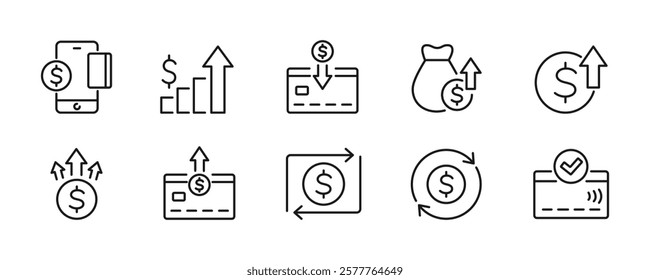 Transfer money and Transactions icons set. Vector illustration.