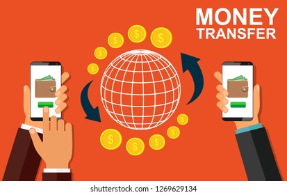 Transfer money using a mobile device. Vector illustration