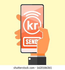 Transfer Money via Smartphone using Danish Krone money online mobile banking vector illustration flat design. Payment and finance element.  Can be used for web and mobile, infographic and print.