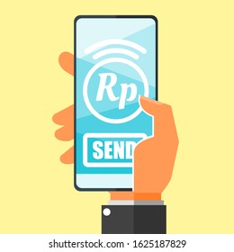 Transfer Money via Smartphone using Indonesian Rupiah money online mobile banking vector illustration flat design. Payment and finance element.  Can be used for web and mobile, infographic & print.