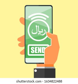 Transfer Money via Smartphone using Saudi Riyal money online mobile banking vector illustration flat design. Translation: Riyal. Saudi Arabia Currency. Payment and finance element.
