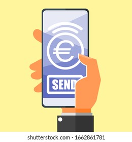 Transfer Money via Smartphone using Euro Money online mobile banking vector illustration flat design. EU European Union, Eurozone and Monetary Agreement Payment and Finance element. 