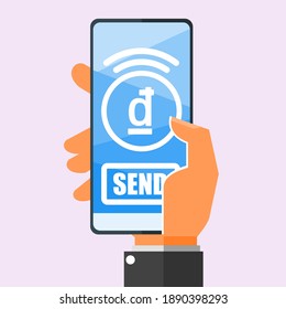 Transferir dinero a través de Smartphone usando el diseño plano de vectores de ilustraciones de Dong Money Online para Banca Móvil. Elemento Pago y Finanzas. Se puede usar para infografía digital e imprimible.