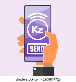 Transferir dinero a través de Smartphone usando el diseño plano de vectores de imitación de la banca móvil de Kwanza Money Online. Elemento Pago y Finanzas. Se puede usar para infografía digital e imprimible.