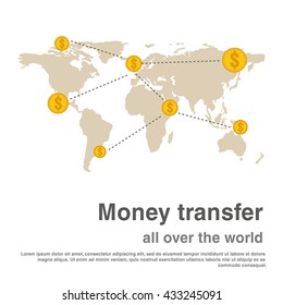 Transfer Money Worldwide. Coins, Dolar And World Map On A White Background.