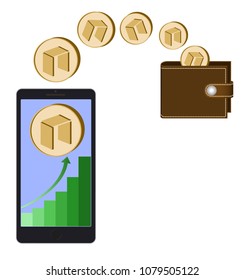 transfer neo coins from phone in the wallet on a white background,growth diagram with coin of neo on a phone screen,transfer crypto currency in the wallet,brown neo wallet design concept